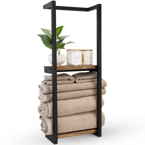 Stylish Bathroom Towel Storage Rack with Wooden Shelves – Modern & Space Saving Organizer for Wall Mount That Easily Holds 8 Large Towels - The Perfect Towel Holder To Enhance Your Bathroom Decor