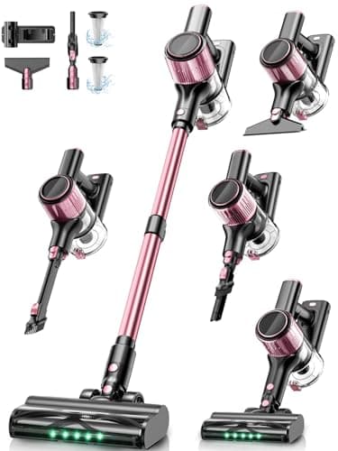 Cordless Vacuum Cleaner,40Kpa 8 in 1 Powerful Stick Vacuum, with Anti-Tangle Brush and Upgraded Green Light, 45mins Runtime Rechargeable Lightweight Vacuums for Hardwood Floor, Pet Hair (Pink)