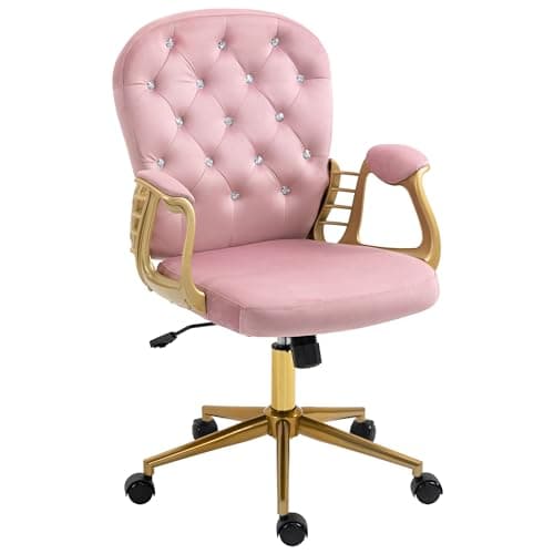cayglow Velvet Home Office Desk Chair Comfy with Gold Legs and Arms, Comfortable Makeup Vanity Chair with Back and Wheels, Button Tufted Armchair Swivel Rolling Study Chair for Girls Women,Pink