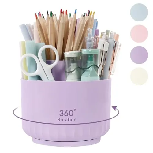 SKYDUE 360 Degree Rotating Desk Organizer, Dual-Purpose Pencil Pen Holder for Desktop, Rotating Desk Pen Organizer with 5 Slots Purple