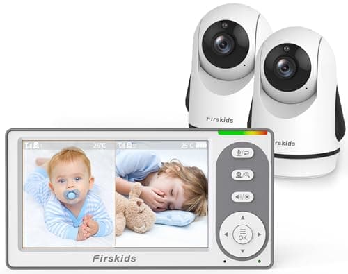 Firskids Split-Screen Baby Monitor with 2 Cameras No WiFi, 30H Battery, Pan-Tilt-Zoom, Monitor para bebés with Night Vision, 2-Way Audio, Room Temp Sensor, Lullaby, Plug & Play - Ideal for Travel