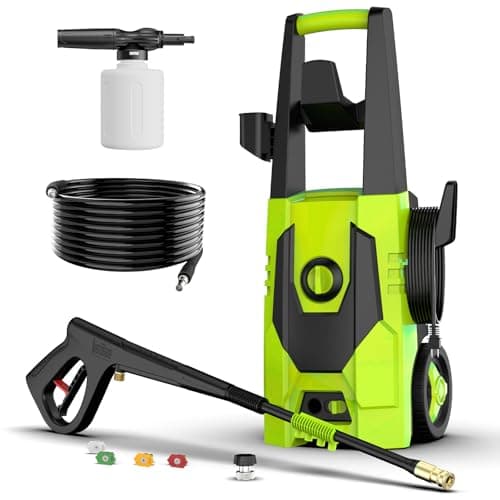 FIOCCO Electric Pressure Washer, 5000PSI Max 3.4 GPM Portable Power Washer with 35FT Cord, 20FT Hose, 4 Quick Nozzles, Foam Cannon High Power Washers Electric Powered for Car, Garden, Patio, Green