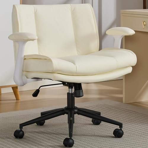 Criss Cross Chair with Flip-Up Armrests Leather, Cross Legged Office Chair on Wheels, Comfy Swivel Chair with Wide Seat for Home Office, Vanity, Accent, Ergonomic Desk Chair Adjustable, Beige