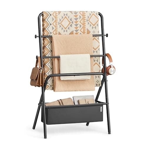 VASAGLE Freestanding Towel Rack, Foldable Blanket Holder, Towel Holder with 4 Hooks, Fabric Basket, 39 Inches High, for Bedroom, Living Room, Bathroom, Ink Black and Slate Gray ULLS020B01