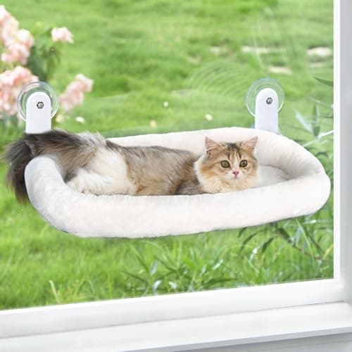 Zoratoo Cat Window Perch, Cordless Cat Hammock Window Seat with Cozy Pad Bed Cover for Indoor Cats, Durable Metal Frame Support Pet Bed with 4 Suction Cups for Large Cats (Cushion Pad Bed - White)
