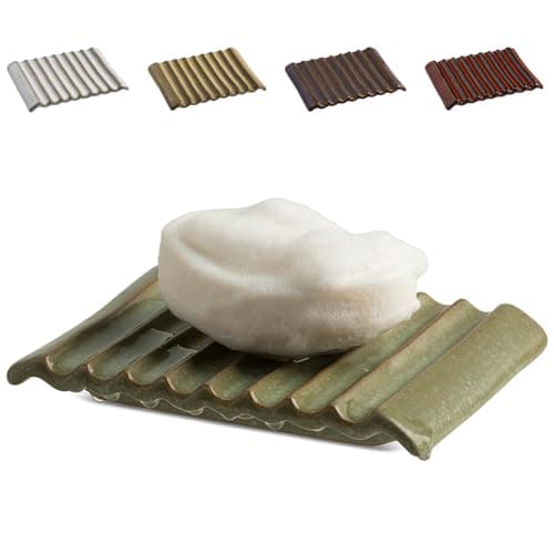 Zoeeker Soap Dish, Ceramic Soap Holder Bar Soap Saver Non-Slip Bathroom Accessories for Sponges, Scrubber, Razor, Green