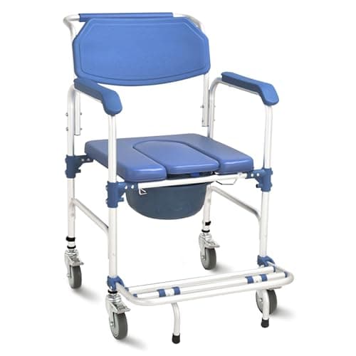 Shower Chair with Wheels Aluminum 4 in 1 Bedside Commode Chair with Foldable Pedal, Mobile Transport Chair Toilet with Detachable Bucket, for Seniors and Disabled, Weight Capacity 330lbs (Bule)