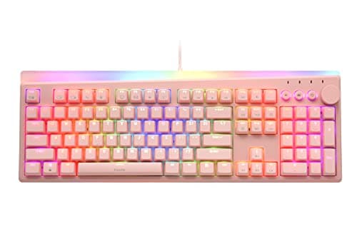 i-rocks K71M RGB Mechanical Gaming Keyboard with Media Control Knob, Switches (Brown), 107 Keys w/Full NKRO, PBT Keycaps, Multimedia Hotkeys, Detachable USB-C Cable and Onboard Storage, Pink