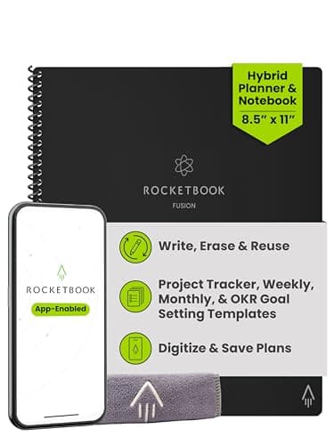 Rocketbook Fusion Hybrid Reusable Planner and Notebook in One, Additional Blank Pages, Goal and Project Tracker, Undated Planner, Letter Size 8.5x11, Black (Pack of 1)