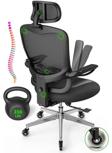 Ergonomic Office Chair with Upgraded Rubber Wheels for Big and Tall, Adjustable High Back Computer Chair 350lbs with 3D Headrest, Lumbar Support, Flip-up Arms, Mesh Desk Chair for Long Work Hours