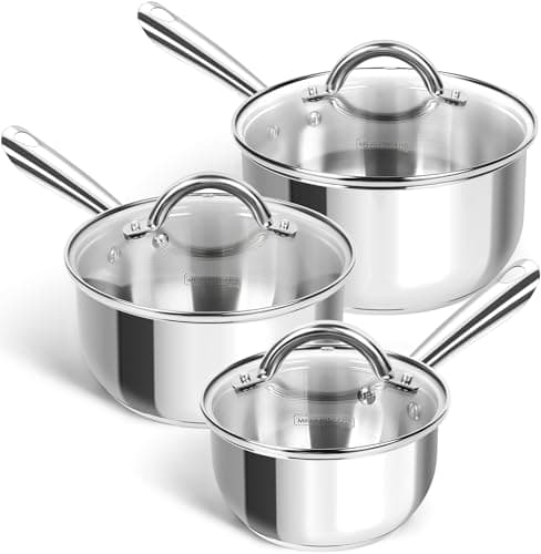 MICHELANGELO Stainless Steel Pot Set 6 Pcs with Triply Base, Stainless Steel Saucepans with Lids, Induction Saucepan Set with Stay-cool Handle - 1QT & 2QT & 3QT