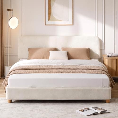 BERRY NEST Queen Size Cloud Bed Frame, Soft Boucle Bed Frame with Adjustable Headboard, Solid Wood Legs, Rounded Corners Design & Easy Assembly – Modern Platform Bed,Cream