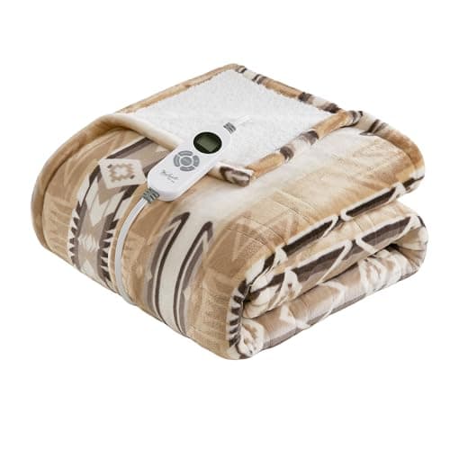 Woolrich Heated Throw Blanket with Ultra Soft Plush and Sherpa Reverse, 12 Heat Settings, Auto Shut-Off, Boho Farmhouse & English Country Gift Throw – Aztec Pattern, 50"x60"