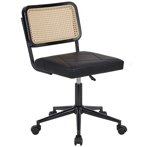 VECELO PU Leather Home Office Chair, Height Adjustable 360°Rolling Swivel Armless Vanity Chair with Wheels, Rattan Back Desk Chair for Bedroom/Small Spaces/Make-up/Dressing Room, Black