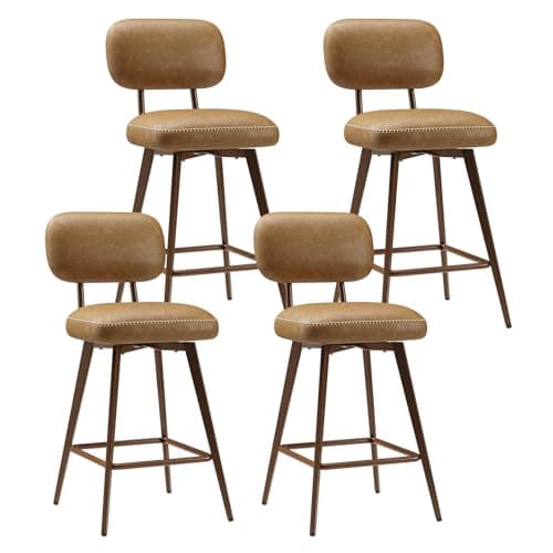MALOL 26“ Swivel Bar Stools Set of 4, Mid Century PU Leather Counter Height Bar Chairs with Low Back and Metal Legs, Modern Bar Stool Chair for Kitchen Island, Brown