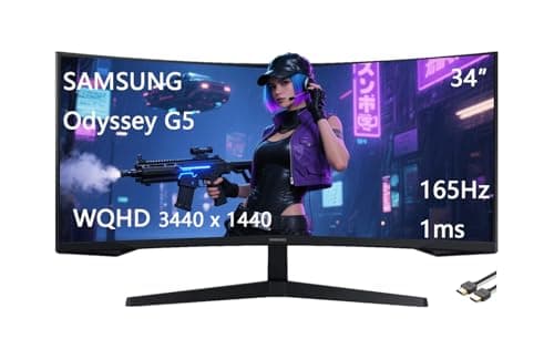 Samsung 34" Odyssey G5 Series Gaming Monitor, WQHD Curved, 1000R UltraWide, 165Hz, 1ms, FreeSync Premium, Black, with GSF HDMI Cable