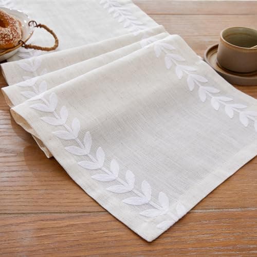 Wracra Embroidered Table Runner Irregular Willow Leaf Table Runners 90 Inches Long for Dresser Home Dining Table Decor,14 x 90 Inch, White