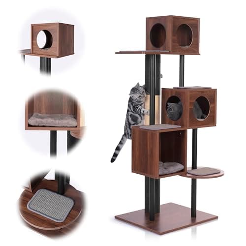 KONELCARE Modern Cat Tree-Sleek Wooden Furniture-Style Tower(60") Blends with Home Decor, Tallest Scratching Post(48"), 3 Cat Condos for Multi-Cat Harmony & Comfort