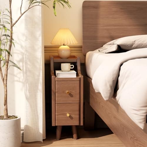 Narrow Nightstand with 2 Drawers,Walnut Nightstand,Bedside Table,Solid Wood Modern Bedside Table for Bedroom,Study,Toilet