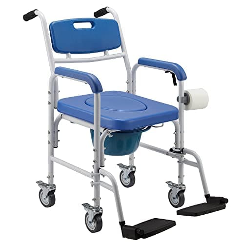 Homguava Bedside Commode Chair, 4 in 1 Shower Commode Wheelchair Rolling Transport Chair Toilet with Arms for Seniors and Disabled Weight Capacity 350lbs (Blue)