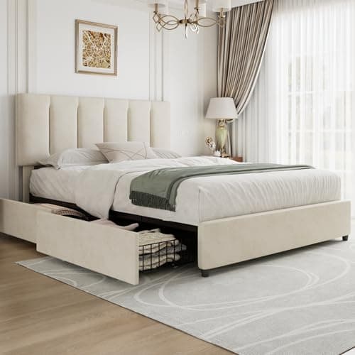 VECELO Full Size Bed Frame with 4 Storage Drawers, Adjustable Height Headboard, Heavy-Duty Platform Bedframe with Strong Wooden Slats, No Box Spring Needed, Pale Beige