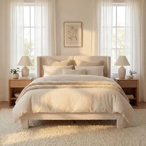 LIKIMIO Queen Bed Frame with Headboard, Upholstered Boucle Platform Bed with USB Ports, Base Camas Queen No Box Spring Needed, Cream White