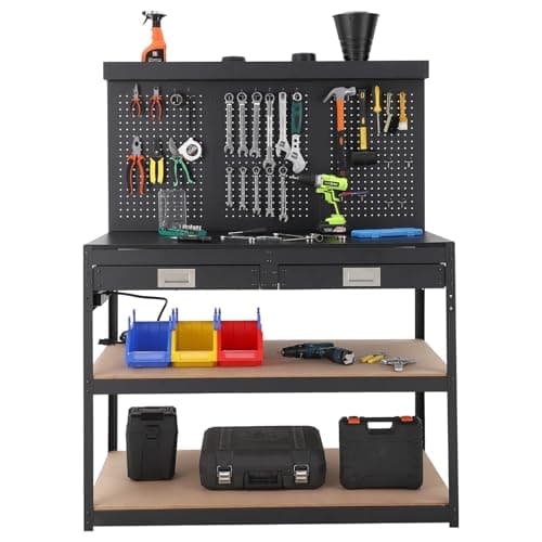 48" Work Bench, Heavy Duty Steel Workbench with Pegboard,3 Storage Shelves Workbench with Drawers and 30 Hanging Accessories, 1000lb Hardwood Work Benches for Garage, Workshop, Basement