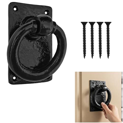 Mythrojan Medieval Door Knocker, Cast Iron Ring Knocker with Black Powder Coated for Entry Door Knocker, 4.5”x 2.75” Black