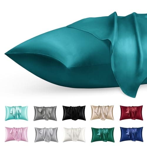 phyrec Satin Silk Pillowcase for Skin and Hair, 2 Pack - Envelope Closure - Bedding Queen Pillow Cases(20" x 30"), Soft Breathable Smooth Cooling Silk Pillow Covers for Sleeping, Teal