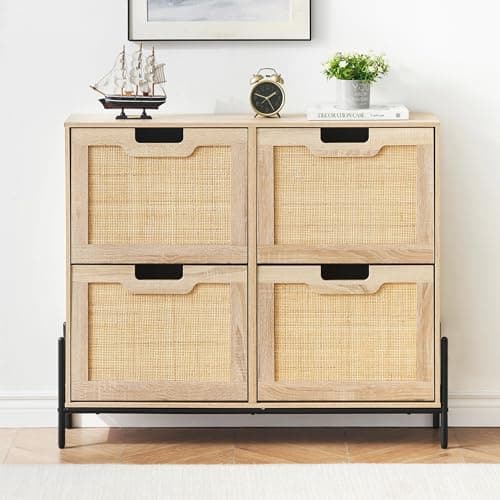 coucheta 4 Flip Drawers Shoe Storage Cabinet, Rattan Shoe Organizer with Metal Legs, Freestanding Narrow Shoe Rack Cabinet for Entryway, Oak