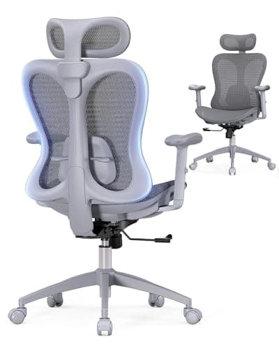 amseatec Ergonomic Office Desk Chair, Comfortable Computer Gaming Chair, Breathable Mesh Back & Seat, Adjustable Armrest & Headrest, Lumbar Support, Butterfly Design for Home Office (Gray)