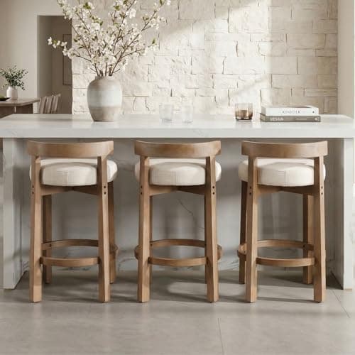 LukeAlon Mid Century Linen Counter Stools Set of 3, Upholstered 26.5" Seat Height Low Barstools with Natural Wood Legs Round Low Back Kitchen Stools with Footrest for Dining Room, Beige