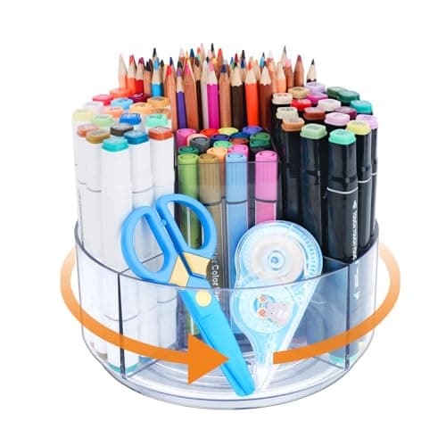 Flytreal Pencil Holder for Desk, 360-Degree Rotating Pen Marker Crayon Organizer, Spinning Acrylic Desk Pen Organizer Storage, 5 Slots Large Capcaity Caddy for Home Office School Kids Art Supplies