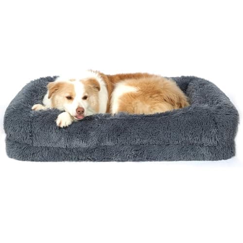 2 in 1 Calming Dog Beds for Large Dogs, Dual Layer Orthopedic Egg Crate Foam & Memory Foam Faux Fur Shag Pet Mattress Warming Rectangle Cuddle Bed Comfy Anti Anxiety, Washable Cover Anti-Slip