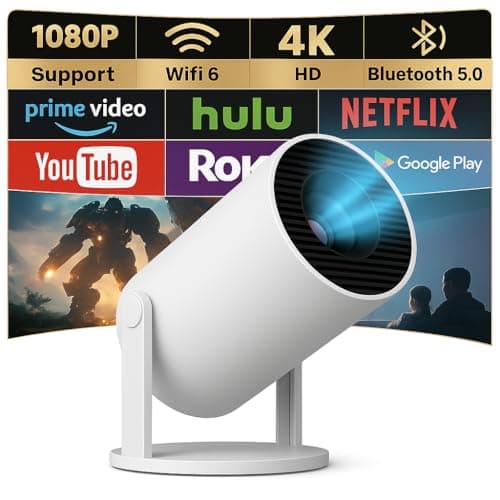 Mini Projector with WiFi 6 and Bluetooth 5.4, 4K 1080P Supported Portable Smart Projector with Air Mouse Remote, 40–200" Display, 180° Rotatable Design, Home Outdoor Movie Projector for HDMI/USB/Phone