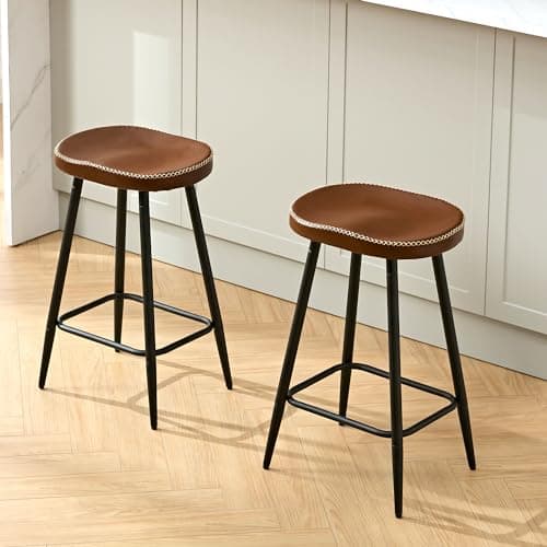FIRAVOE Bar Stools Set of 2, Modern 24" Counter Height Bar Stools, Brown Faux Leather Backless Saddle Stools for Kitchen Island (Brown, 2 PCS 24'' Height)