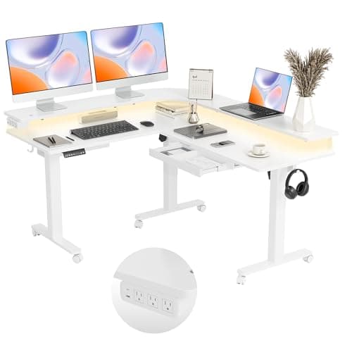 Claiks 63" L Shaped Standing Desk with Drawers and LED Lights, Height Adjustable Electric Corner Standing Desk with Monitor Stand & Power Outlet, 4 Memory Preset, White