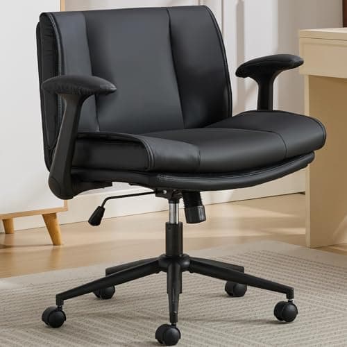 Criss Cross Chair with Flip-Up Armrests Leather, Cross Legged Office Chair on Wheels, Comfy Swivel Chair with Wide Seat for Home Office, Vanity, Accent, Ergonomic Desk Chair Adjustable, Black