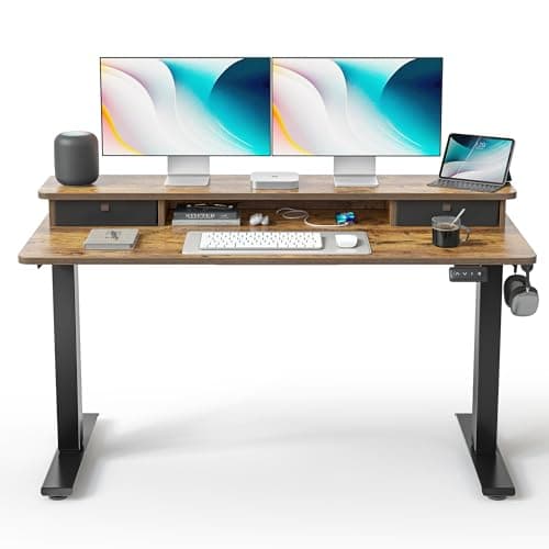 FEZIBO 55'' x 24'' Height Adjustable Electric Standing Desk with Double Drawer, Computer Workstation, Home Office Stand Up Table with 4 Height-Adjustable Feets & 2 Hooks, Vintage Brown