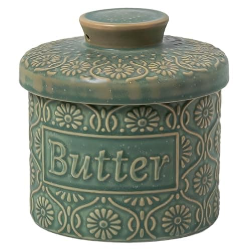 COPORISO Ceramic Butter Crock with Lid, French Butter Dish with Water Line for Countertop, Butter Keeper for Spreadable Butter, Container Holder for Kitchen and Home Decor, 6.7 OZ, Vintage Green