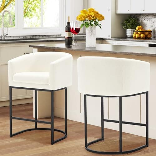 WorthFurni Counter Height Bar Stools Set of 2, 26" H Modern Counter Stools with Barrel Backrest and Armrest, Linen Upholstered Kitchen Island Bar Chairs with Black Metal Frames(Beige)