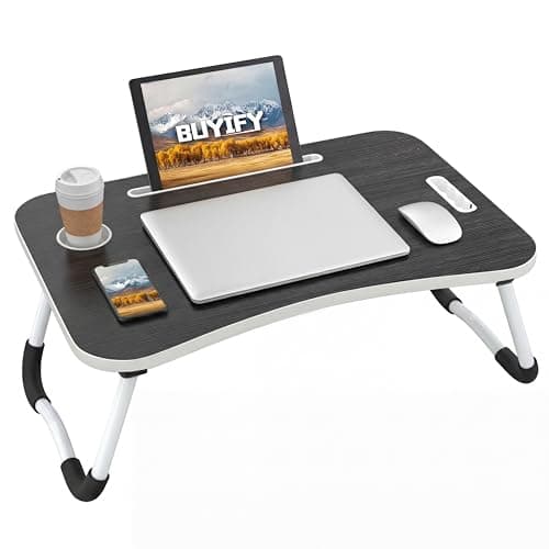 BUYIFY Folding Lap Desk, 23 Inch Portable Wood Black Laptop Bed Desk Lap Desk with Cup Holder, for Working Reading Writing, Eating, Watching Movies for Bed Sofa Couch Floor