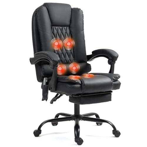 HOMHUM 6-Point Heated Massage Office Chair with Footrest, Ergonomic Home Desk Chair with Lumbar Support, Executive High Back PU Leather Computer Chair with Armrest & Reclining, Black