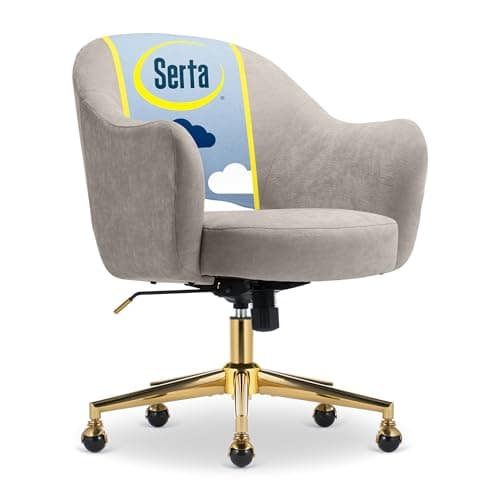Serta Mia Modern Office Chair, Low-Back Barrel Design, Pocket Coil Seat Cushion, Mid-Century Accent Armchair, Women’s Vanity or MakeupChair, Swivel Gold Metal Base, Beige Velvet Fabric