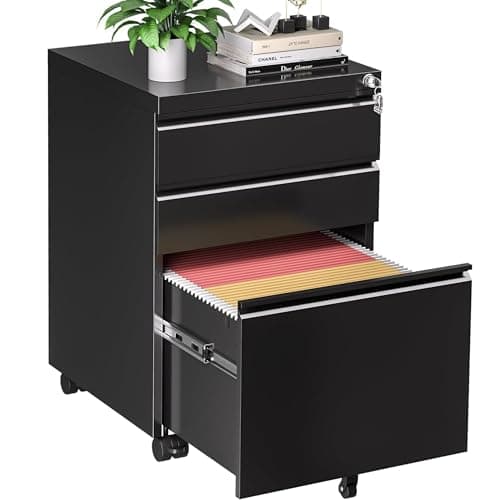INTERGREAT 3 Drawer File Cabinet, Metal Filling Cabinets with Lock, Locking Office Mobile Cabinet with Wheels for Legal/Letter Size, Under Desk, Assembled, Black