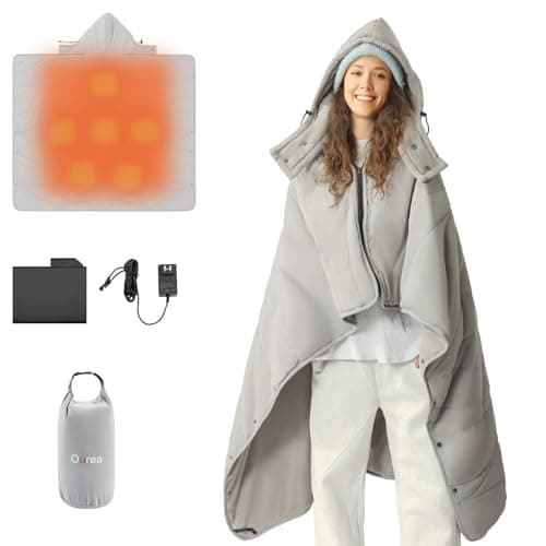 Ourea Wearable Heated Blanket with Hood, Portable Cordless Electric Blanket with 10000mAh Battery, 6 Heating Zones,Portable Heated Shawl