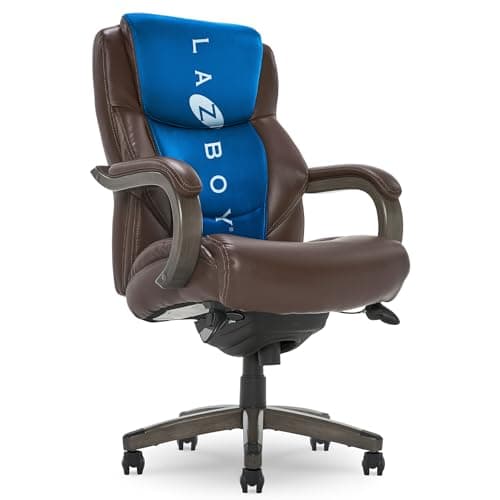 La-Z-Boy Delano Big and Tall Executive Office Chair - Ergonomic Lumbar Support Memory Foam - Bonded Leather Desk Chair for Home Office - Weathered Gray Wood Arms - Brown