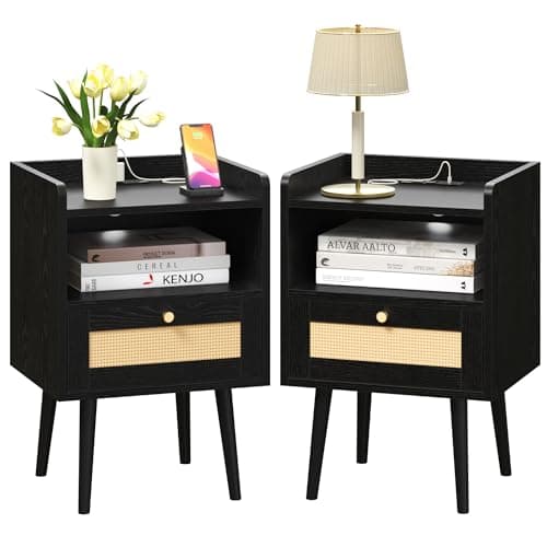MECHYIN Night Stand Set 2, Nightstands Set of 2 with Charging Station, Rattan Side Tables with Solid Wood Legs, Boho Bedside End Table for Farmhouse Bedroom Dorm Small Space - Black