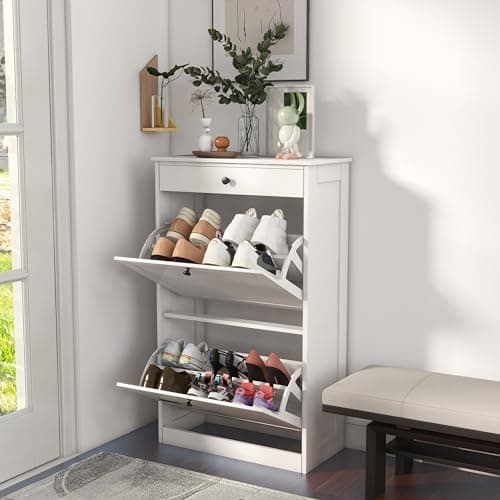 FTZxHKLX Shoe Cabinet with 2 Flip Drawers, Slim Freestanding Hidden Shoe Organizer with Drawer, Pet-Proof Shoe Storage Cabinet for Entryway Living Room Behind The Door, White