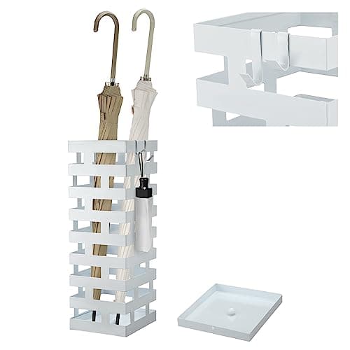 Tudomro Umbrella Stands for Entryway Large Metal Umbrella Holder 6.3 x 5.5 x 16.5 Inches with Removable Water Tray and Hooks Decor Freestanding Rectangular Storage Hollow Rack for Home Office (White)